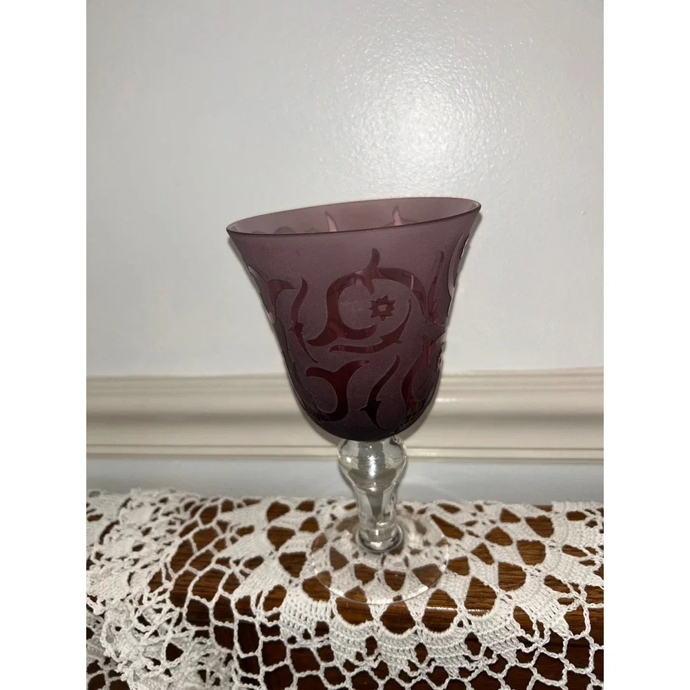 Amethyst Purple Etched Glass Wine Goblets Set of 2 Frosted Scroll Design 7.6